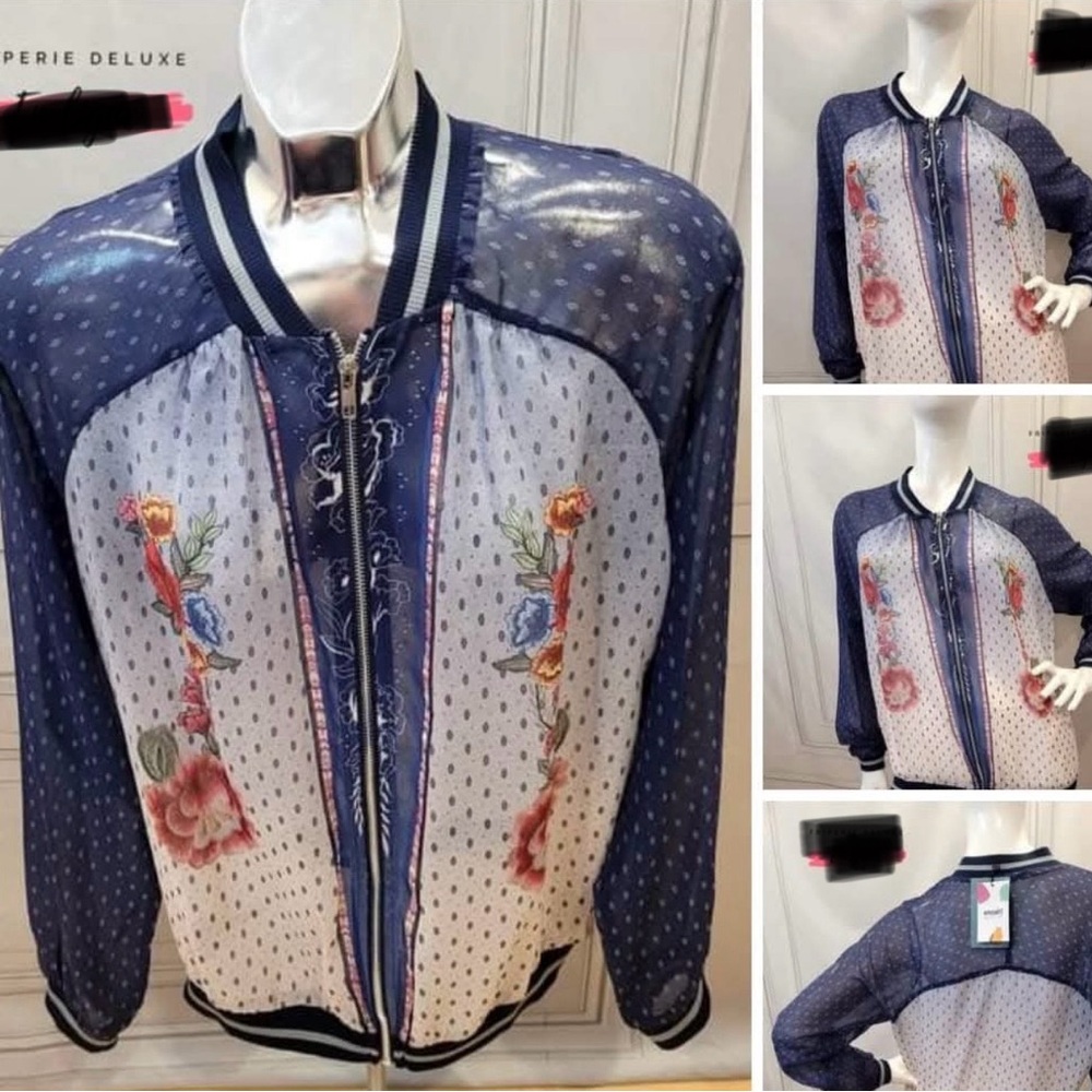 Smash barcelona xsmall small Floral Mesh Bomber sheer Jacket - Blue